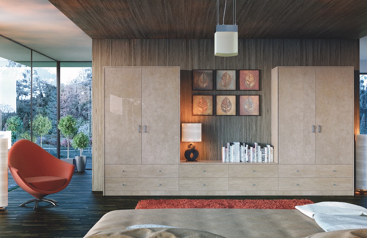Fitted desk niche with flanking wardrobe storage