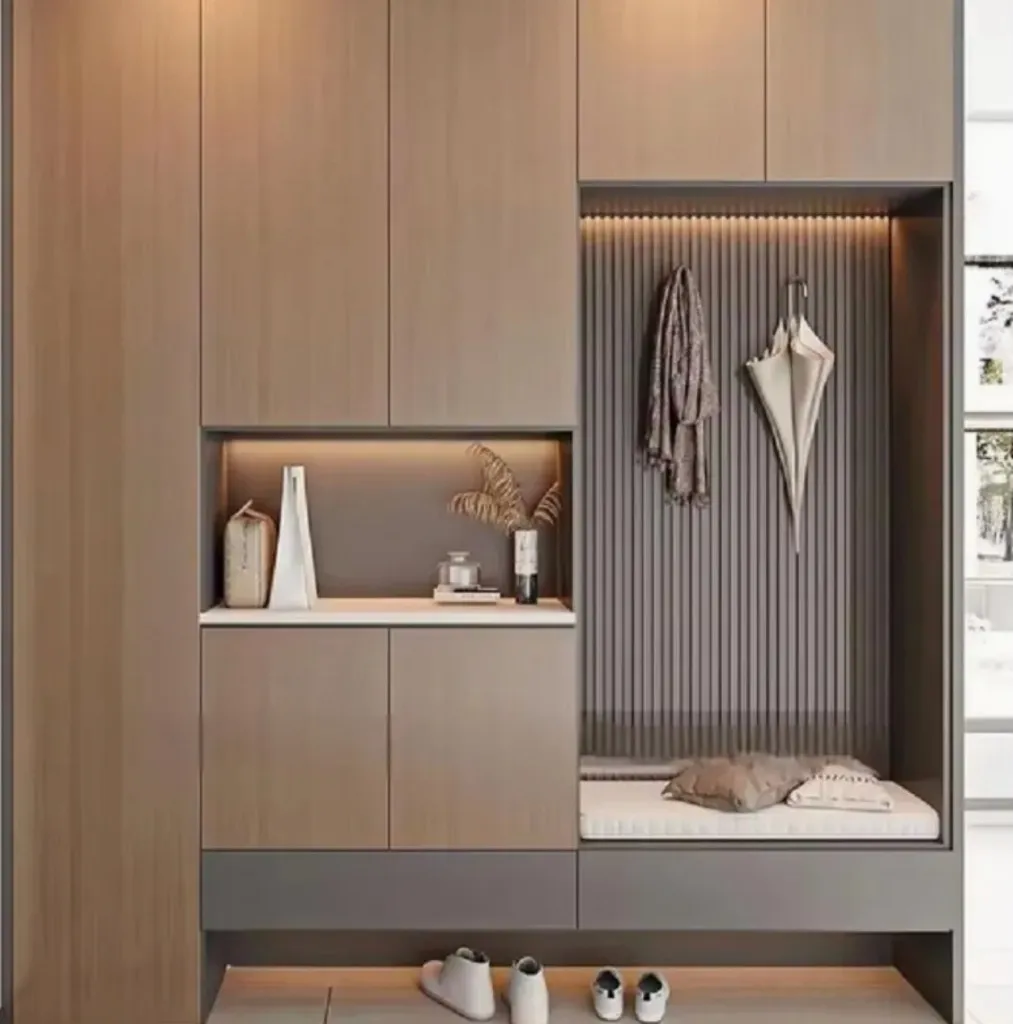 Contemporary oak hallway with fluted seating nook