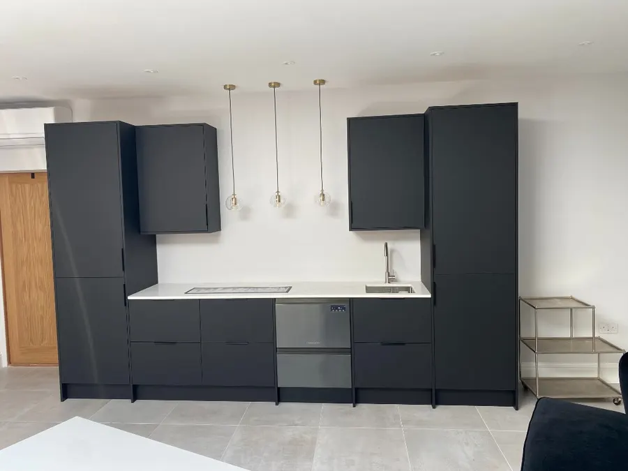 Straight-on view of matte black social bar