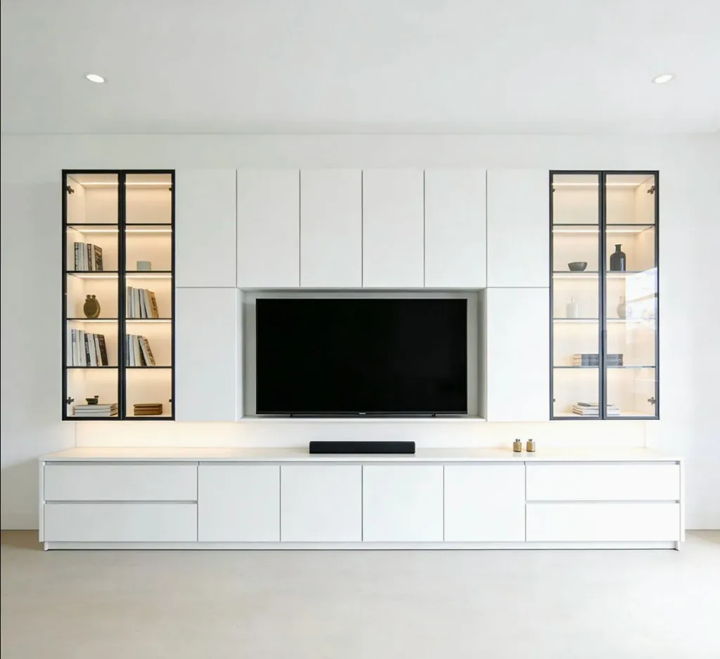 White wall-hung media console with glass display cabinets